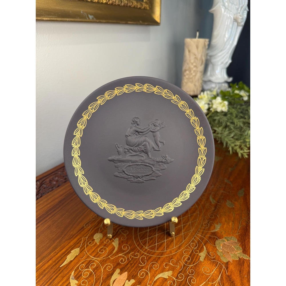 Vintage Wedgwood Mother Plate • Black Basalt Jasperware Gold Relief